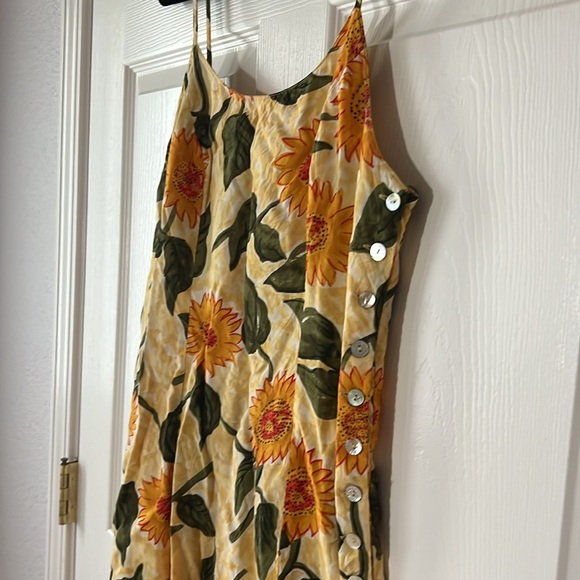 Vintage 90s Express Sunflower Print Rayon Spagetti Strap Mini Dress, Sz 7/8 - Picture 2 of 8